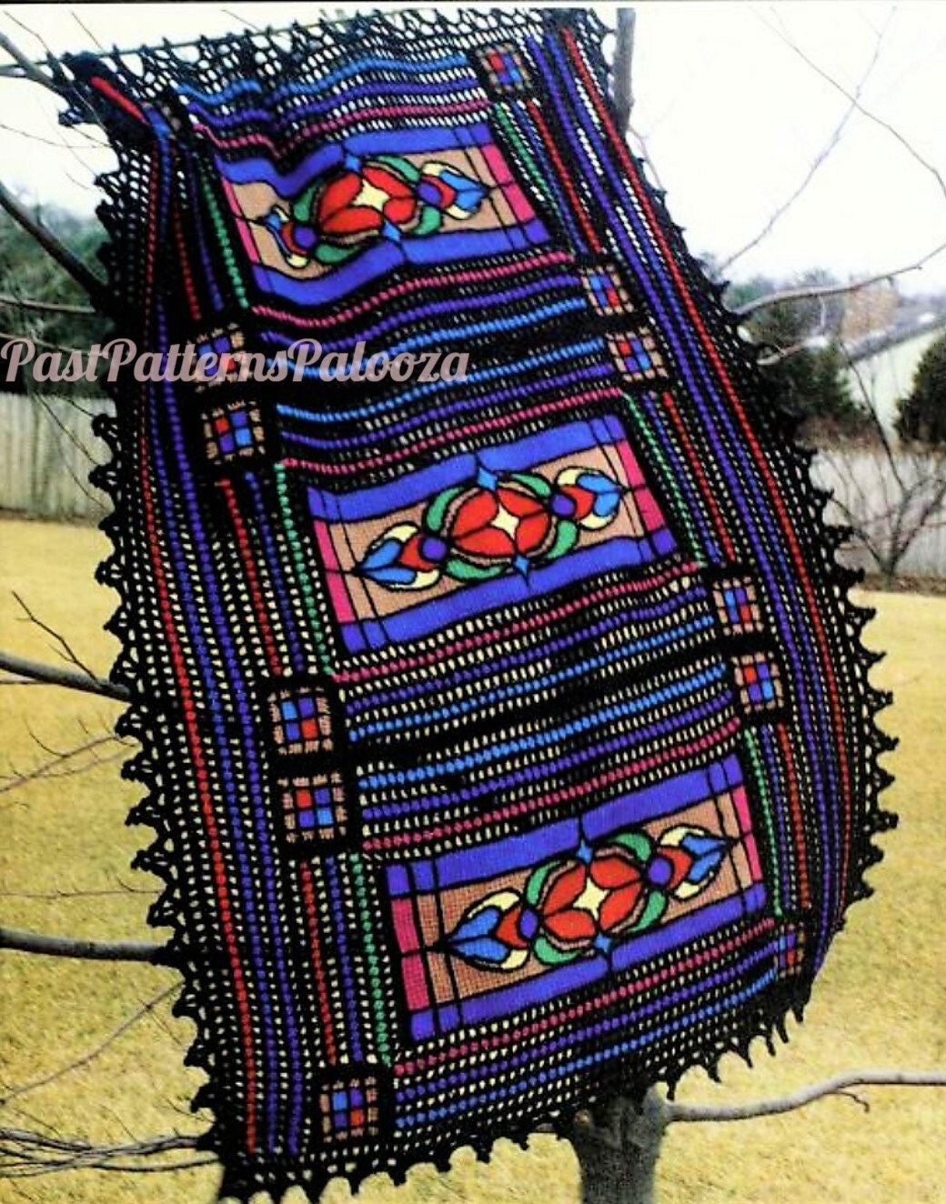 Vintage Crochet Pattern Beautiful Stained Glass Afghan PDF Instant Digital Download Tunisian Stitch Heirloom Blanket 10 Ply