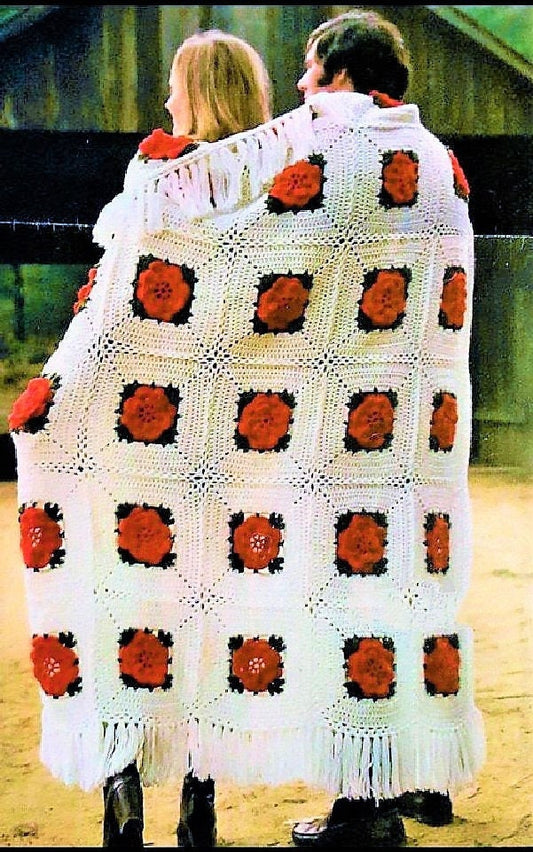 Vintage Crochet Pattern Red Roses Granny Square Afghan PDF Instant Digital Download Classic Fringed Flower Motif Blanket 55x66