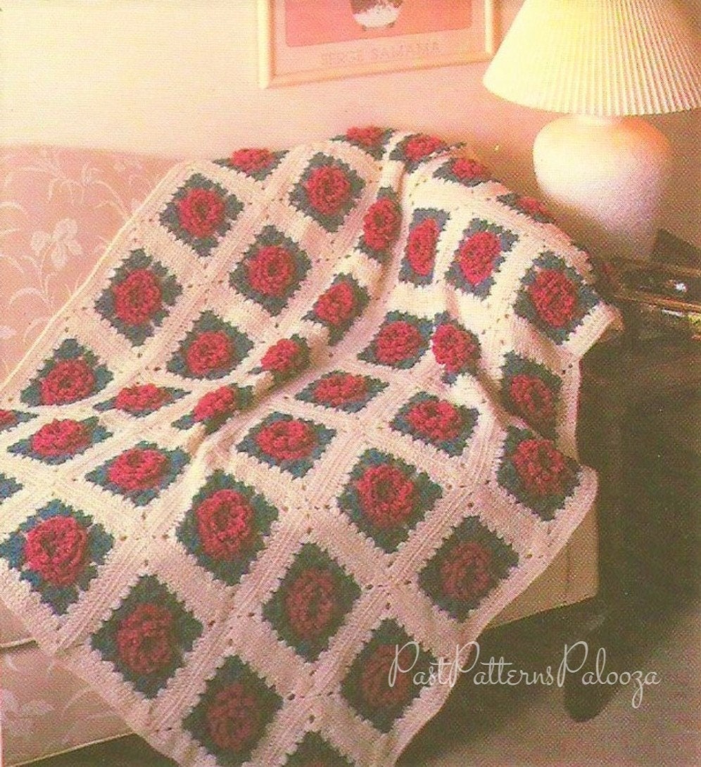 Vintage Crochet Pattern Blooming Cabbage Roses Granny Square Afghan PDF Instant Digital Download Petal Flowers Blanket 47x62 4 Ply