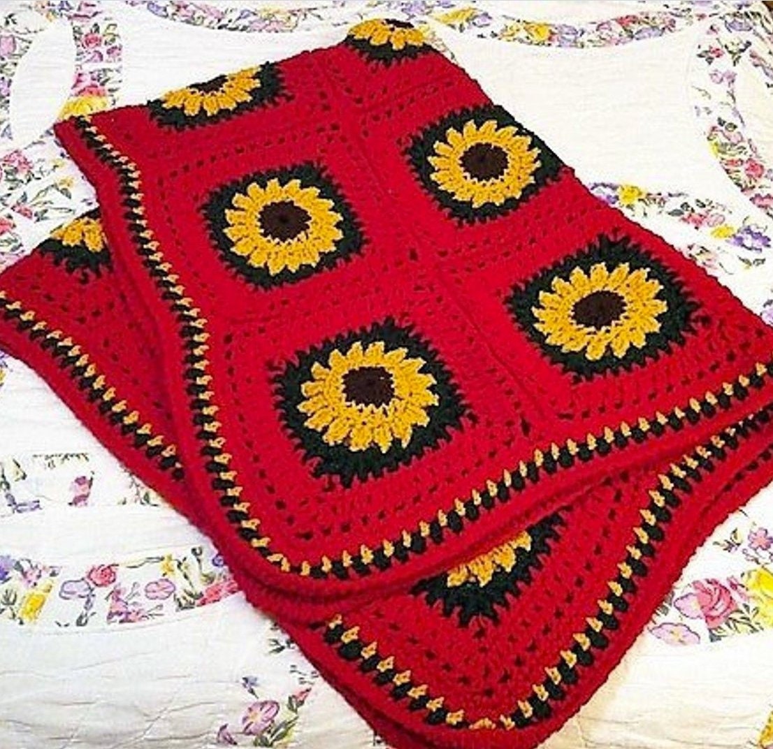 Vintage Crochet Pattern Bright Sunflowers Motif Granny Squares Afghan PDF Instant Digital Download Sun Flower Blanket 44x54 10 Ply