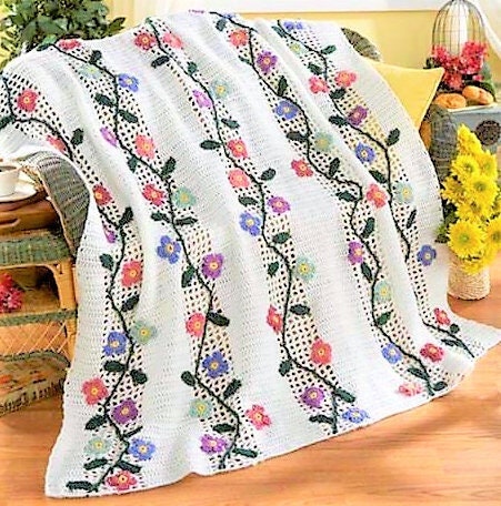 Vintage Crochet Pattern Climbing Flower Vines Afghan PDF Instant Digital Download Floral Garden Fence Blanket 4 Ply