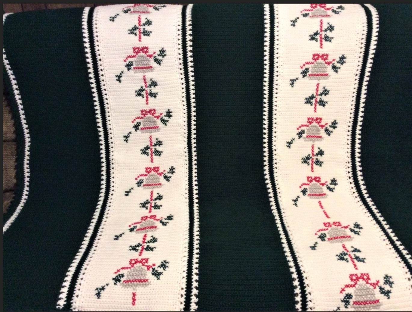 Vintage Crochet Pattern Silver Christmas Bells Afghan PDF Instant Digital Download Tunisian Stitch with Cross Stitch 48x67 10 Ply