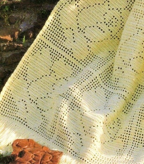 Vintage Filet Crochet Pattern Yellow Rose Squares Afghan PDF Instant Digital Download Floral Flower Blanket 49x68 10 Ply