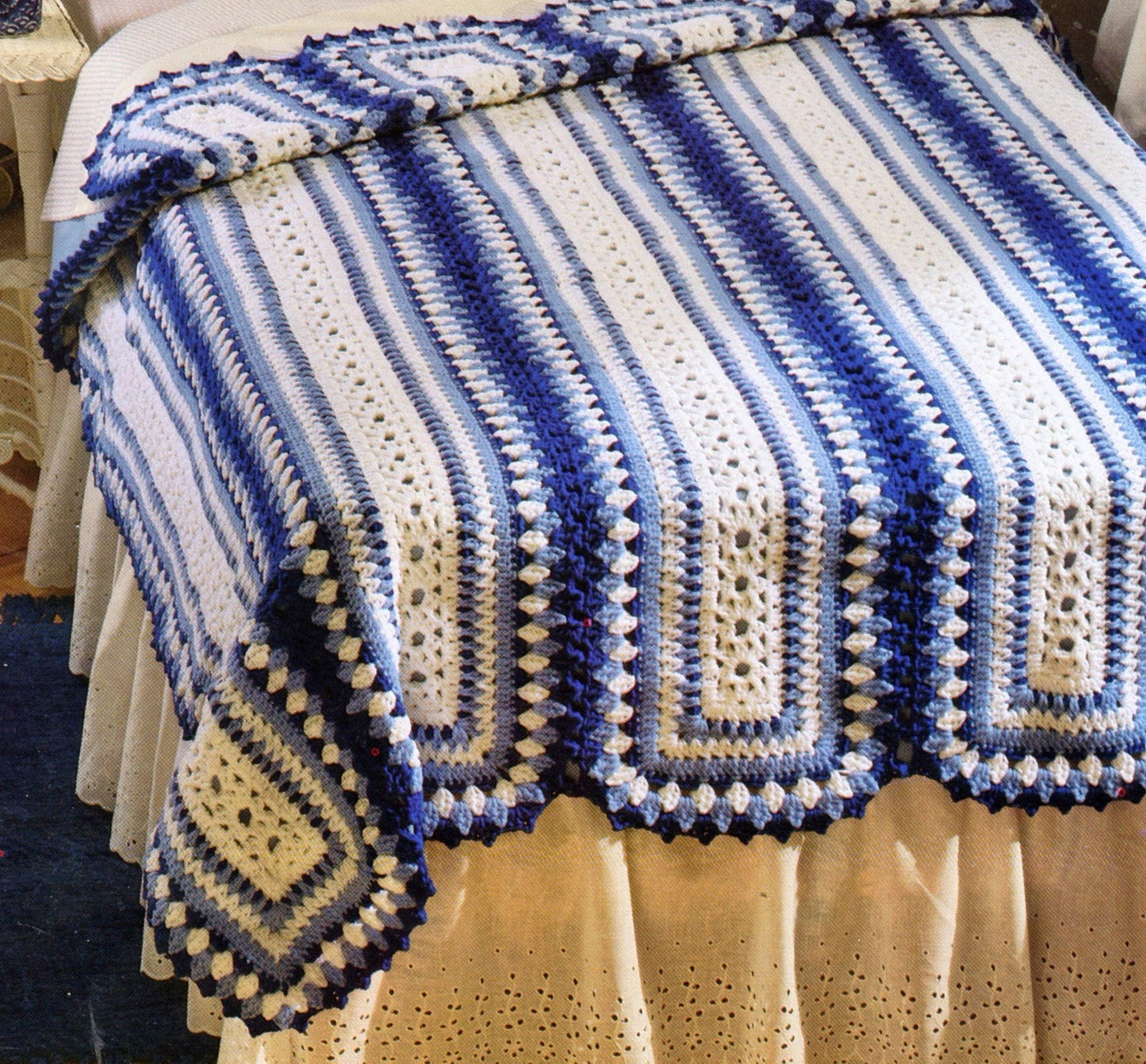 Vintage Crochet Ming Blue Vase Panel Afghan Pattern PDF Instant Digital Download Twin Double Queen Bed Blanket & Matching Pillow Sham 10 Ply