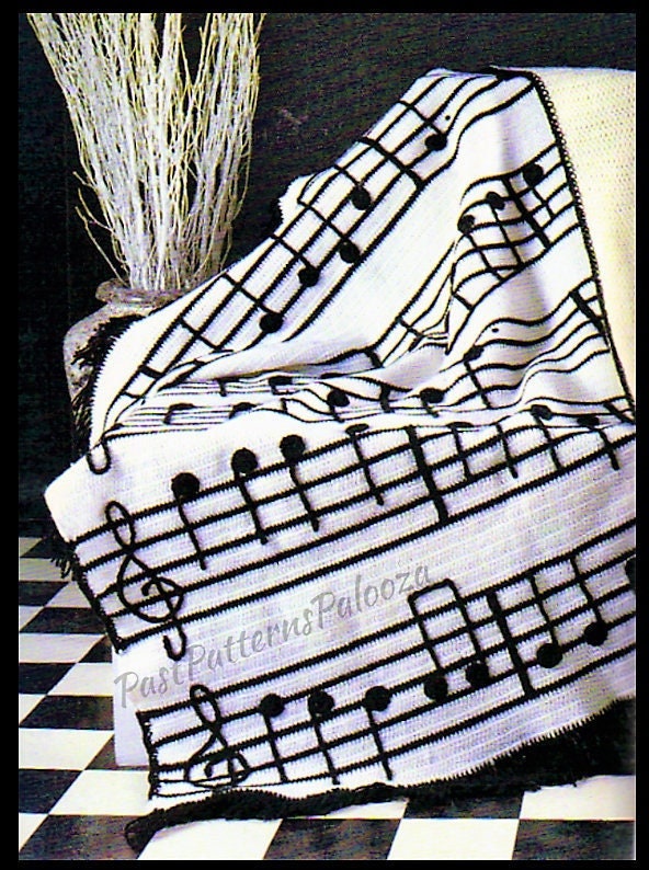 Vintage Crochet Pattern Musical Notes Afghan PDF Instant Digital Download Music Lovers Throw Blanket 50x55 Easy Beginners