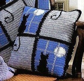 Vintage Crochet Cat In The Window Afghan & Pillow Pattern PDF Instant Digital Download Black Cats Moonlight Windows Motif Square Blanket