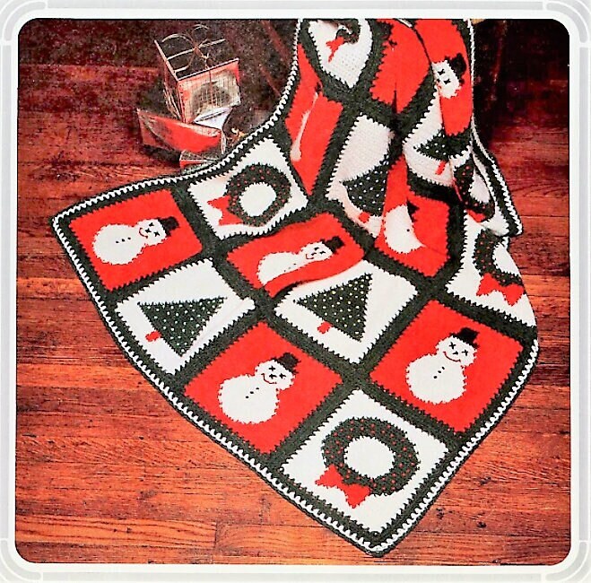Vintage Crochet Pattern Christmas Granny Squares Snowman Tree Wreath Afghan PDF Instant Digital Download Fun Festive Blanket 10 Ply