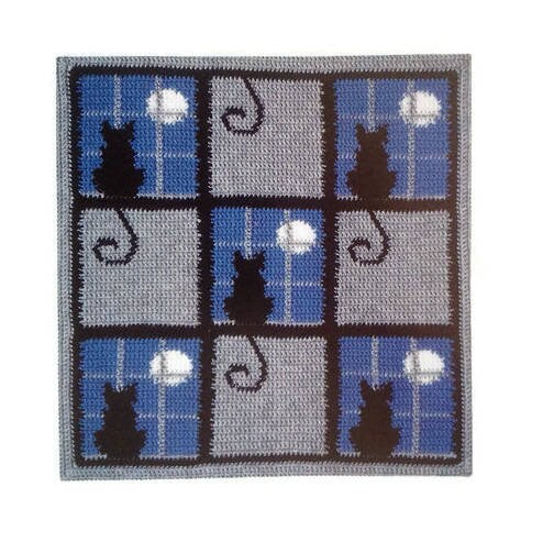 Vintage Crochet Cat In The Window Afghan & Pillow Pattern PDF Instant Digital Download Black Cats Moonlight Windows Motif Square Blanket