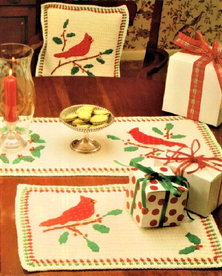 Vintage Crochet Pattern Calico Cardinal Birds Holly Holiday Set Afghan Pillow Table Runner Place Mats Christmas PDF Instant Digital Download