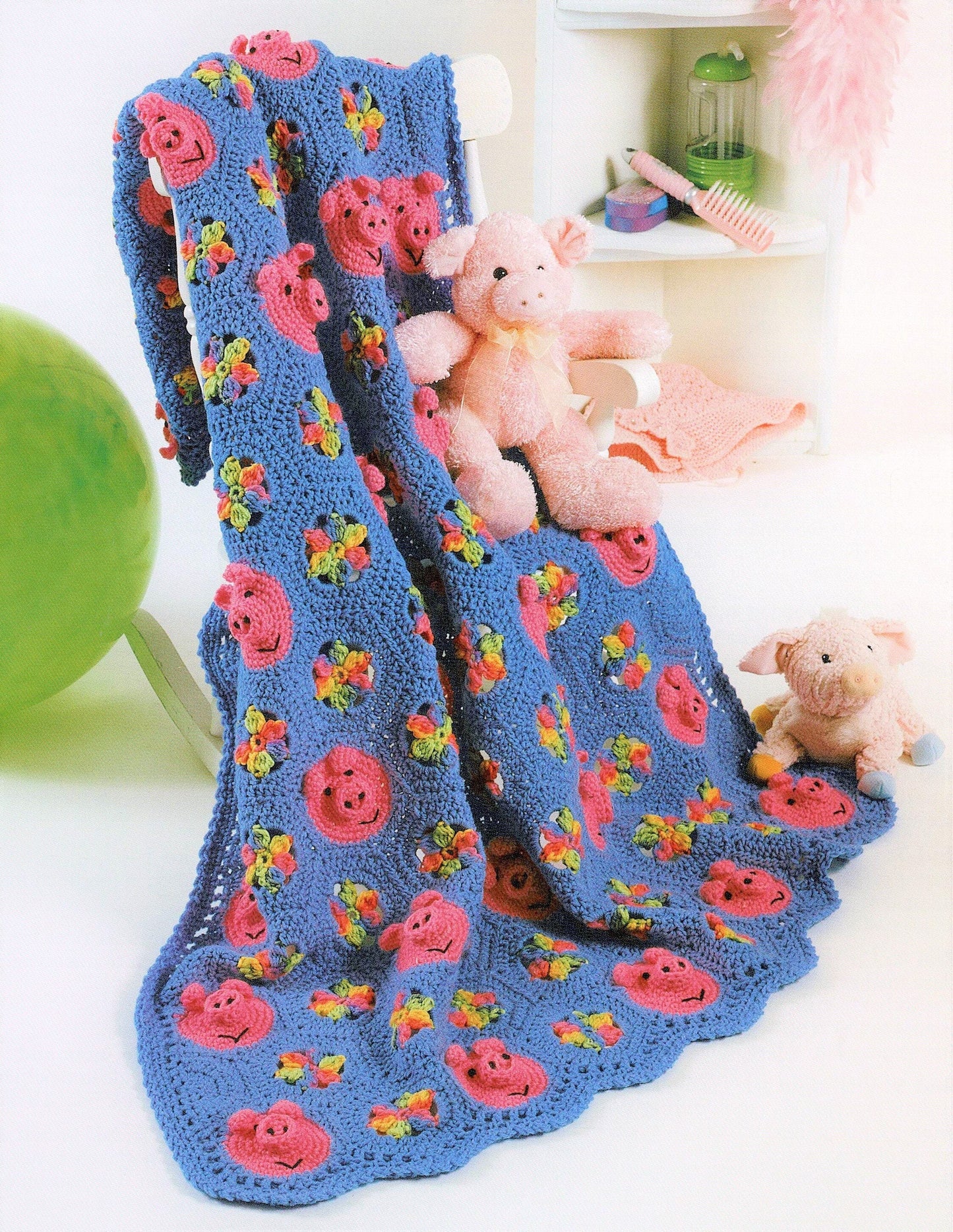 Vintage Crochet Pig Afghan Pattern PDF Instant Digital Download Granny Square Piggy Floral Motifs Animal Afghan 10 Ply