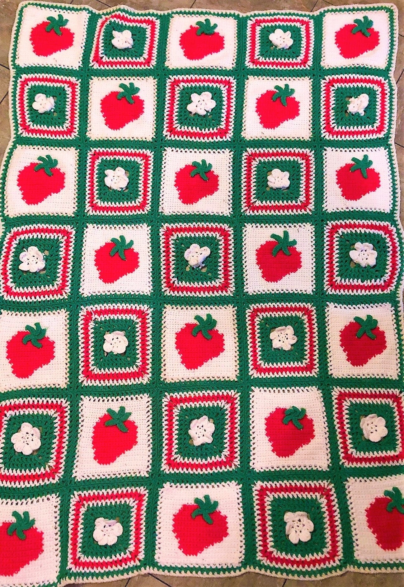 Vintage Crochet Pattern Strawberries Rosette Blossoms Afghan Granny Squares PDF Instant Digital Download Berries Flowers Blanket 10 Ply