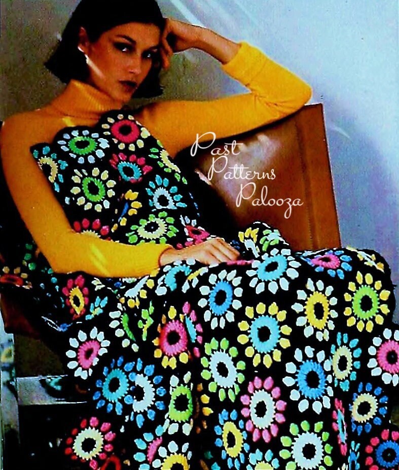 Vintage Crochet Pattern Jewel Flower Granny Square Afghan Blanket PDF Instant Digital Download 1970s Boho Floral Motif Throw 10 Ply
