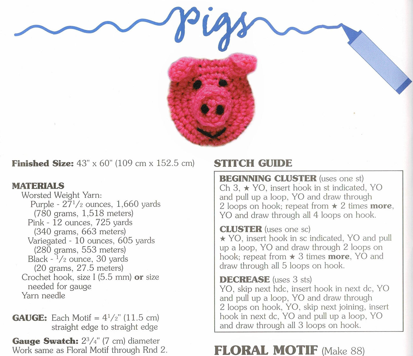 Vintage Crochet Pig Afghan Pattern PDF Instant Digital Download Granny Square Piggy Floral Motifs Animal Afghan 10 Ply