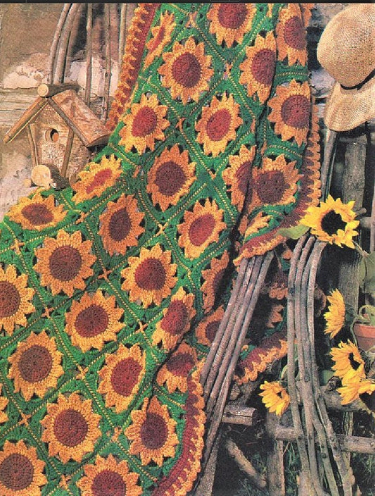 Crochet Sunflower Motif Afghan Pattern PDF Instant Digital Download Vintage Sunflowers Afghan Blanket 42x54 10 Ply