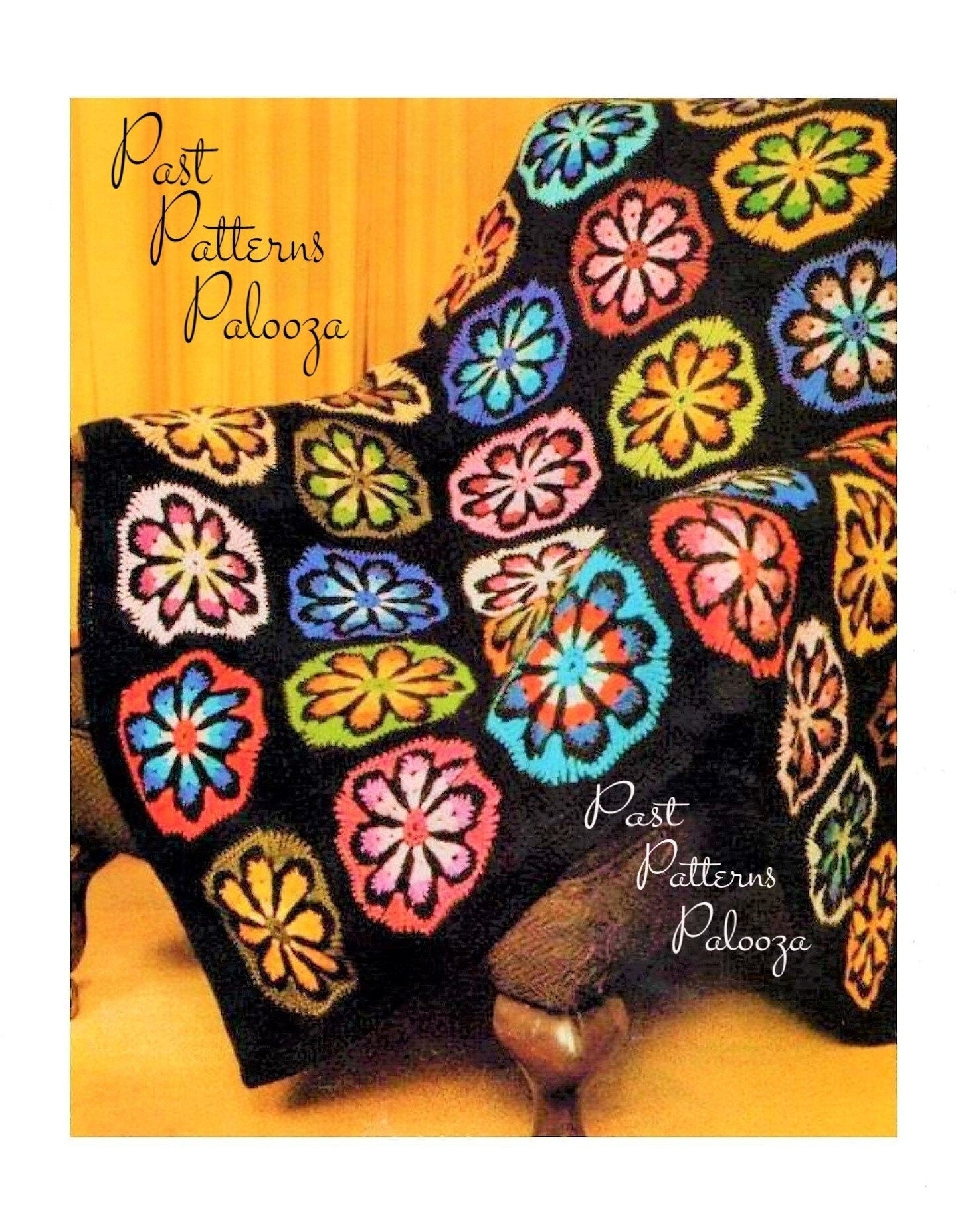 Vintage Crochet Pattern Retro Granny Square Stained Glass Flowers Afghan PDF Instant Digital Download Groovy '70s Throw Blanket DK