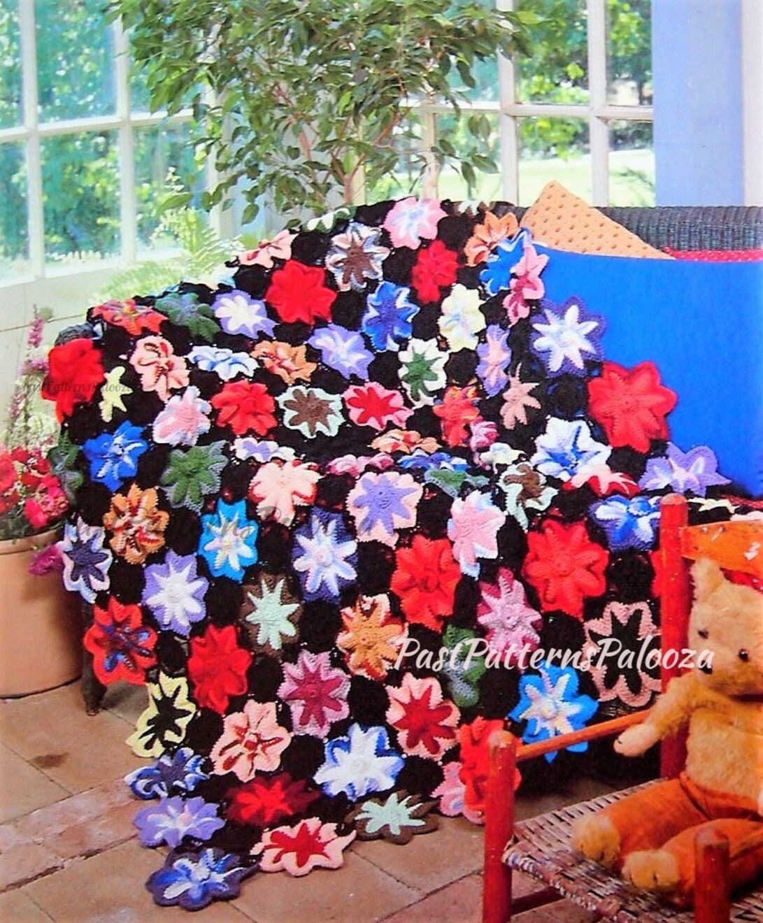 Vintage Crochet Pattern Gothic Flower Bed Afghan PDF Instant Digital Download Pretty Floral Motif Blanket Black Background 63x77 10 Ply