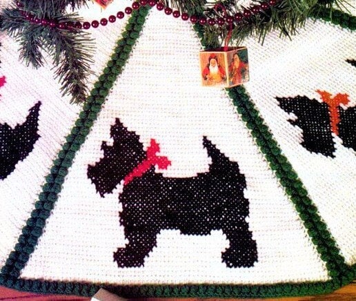 Vintage Crochet Pattern 44" Scottie Dog Christmas Tree Skirt PDF Instant Digital Download Afghan Tunisian Stitch Cross Stitch 4 Ply