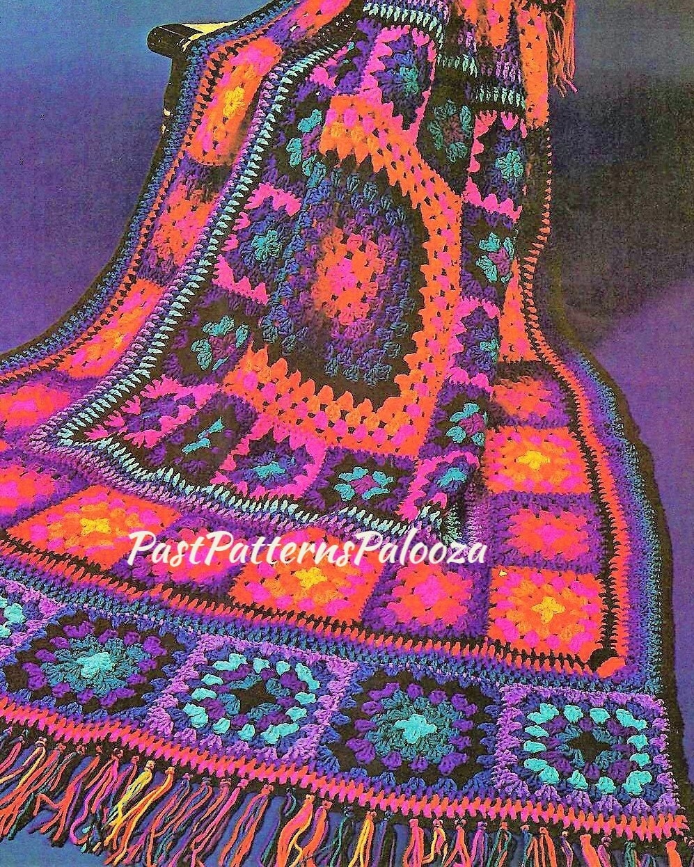 Vintage Crochet Pattern Jewel Tones Granny Squares Afghan PDF Instant Digital Download Boho Hippie Groovy Grannies Blanket 10 Ply