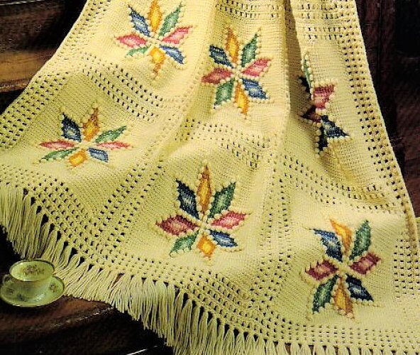 Vintage Crochet Pattern Antique Patchwork Stars Afghan Quilt Block Design PDF Instant Digital Download Puff & Tunisian Stitch Blanket 10 Ply