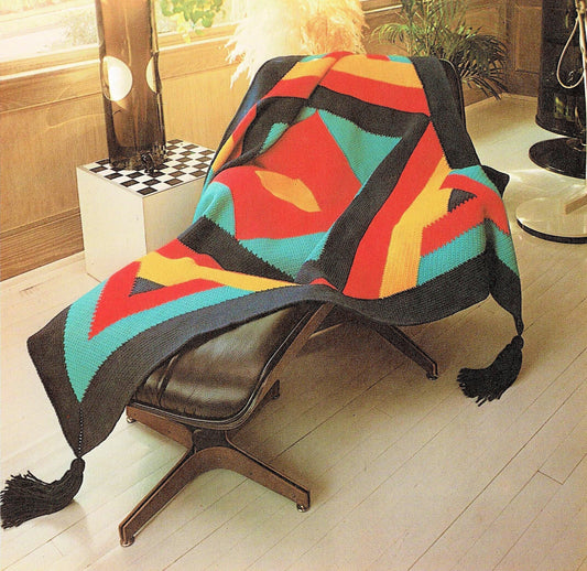 Vintage Crochet Pattern Geometric Modern Afghan PDF Instant Digital Download Retro Bright Colors Mod Square Blanket Throw 68x70 10 Ply