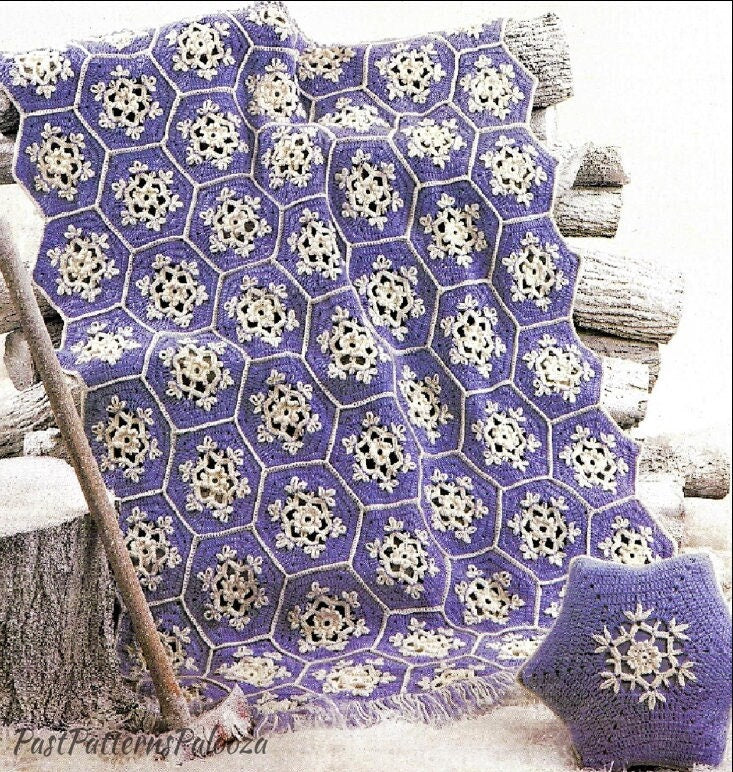 Vintage Crochet Pattern Hexagon Snowflake Christmas Afghan & Pillow Set PDF Instant Digital Download Winter Granny Squares Blanket 10 Ply