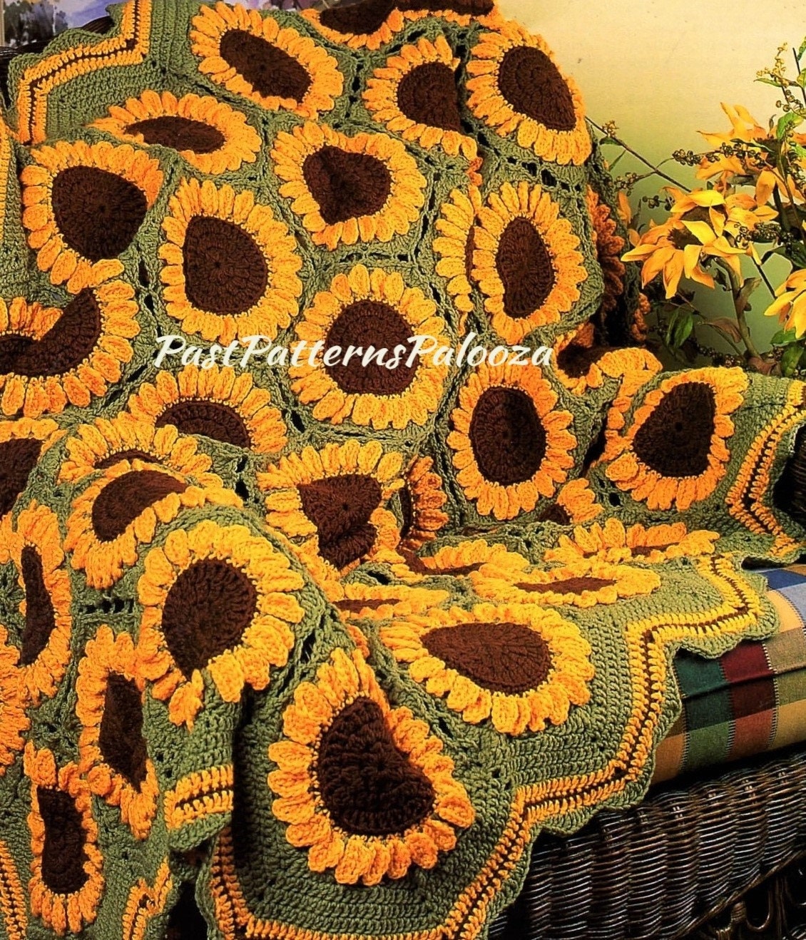 Vintage Crochet Sunflowers Afghan Pattern PDF Instant Digital Download Beautiful Sun Flower Garden Blanket 10 Ply