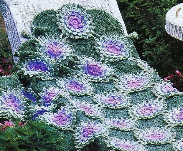 Vintage Crochet Pattern Beautiful Waterlilies Afghan PDF Instant Digital Download Lily Pad Flower Motif Squares Throw Blanket 37x46 5 Ply