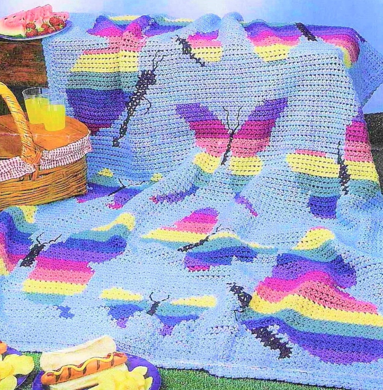 Vintage Crochet Pattern Rainbow Butterflies Afghan PDF Instant Digital Download Retro Throw Blanket 46x65