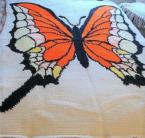 Vintage Crochet Pattern Butterfly Afghan PDF Instant Digital Download Tunisian Stitch 51x64 10 Ply