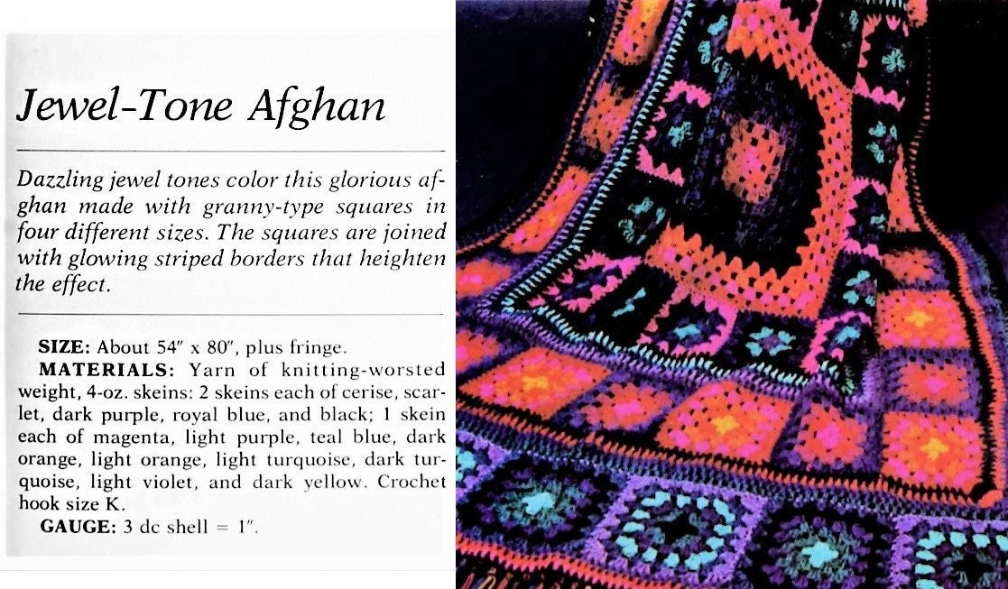Vintage Crochet Pattern Jewel Tones Granny Squares Afghan PDF Instant Digital Download Boho Hippie Groovy Grannies Blanket 10 Ply