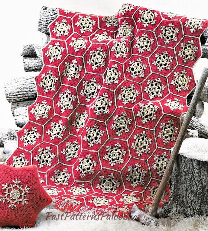 Vintage Crochet Pattern Hexagon Snowflake Christmas Afghan & Pillow Set PDF Instant Digital Download Winter Granny Squares Blanket 10 Ply