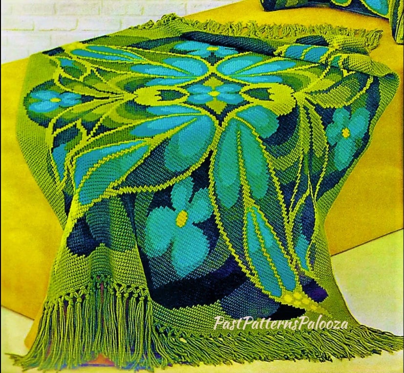 Vintage Crochet Pattern Butterfly Wing Afghan PDF Instant Digital Download Boho Mod Flower Design Tunisian Stitch 49x63 10 Ply