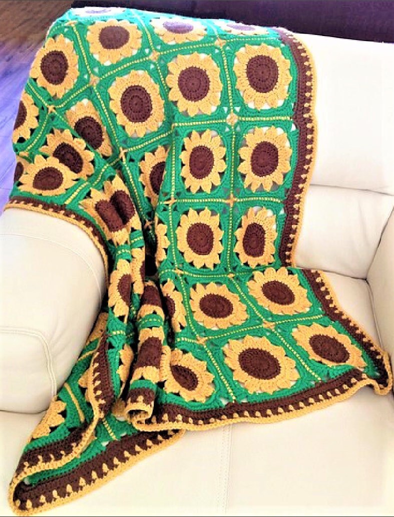 Crochet Sunflower Motif Afghan Pattern PDF Instant Digital Download Vintage Sunflowers Afghan Blanket 42x54 10 Ply