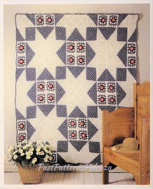 Vintage Crochet Pattern Texas Star Quilt and Rose Granny Square Afghan PDF Instant Digital Download Square Blanket 72x72" 10 Ply