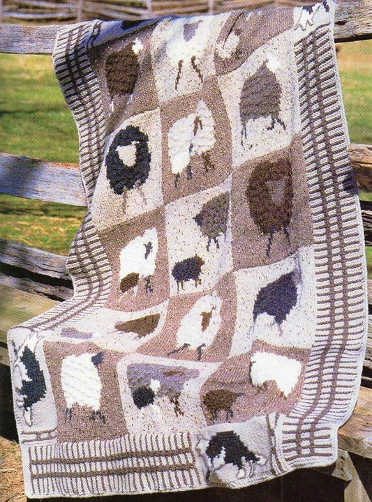 Vintage Knitting Pattern Sheep Lambs Sheepdog Afghan Chunky Blanket PDF Instant Digital Download Barnyard Animals Farmhouse Intarsia 14 Ply