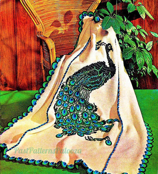 Vintage Crochet Pattern Beautiful Peacock Afghan Blanket PDF Instant Digital Download Embroidered Tunisian Stitch 50x70 4 Ply