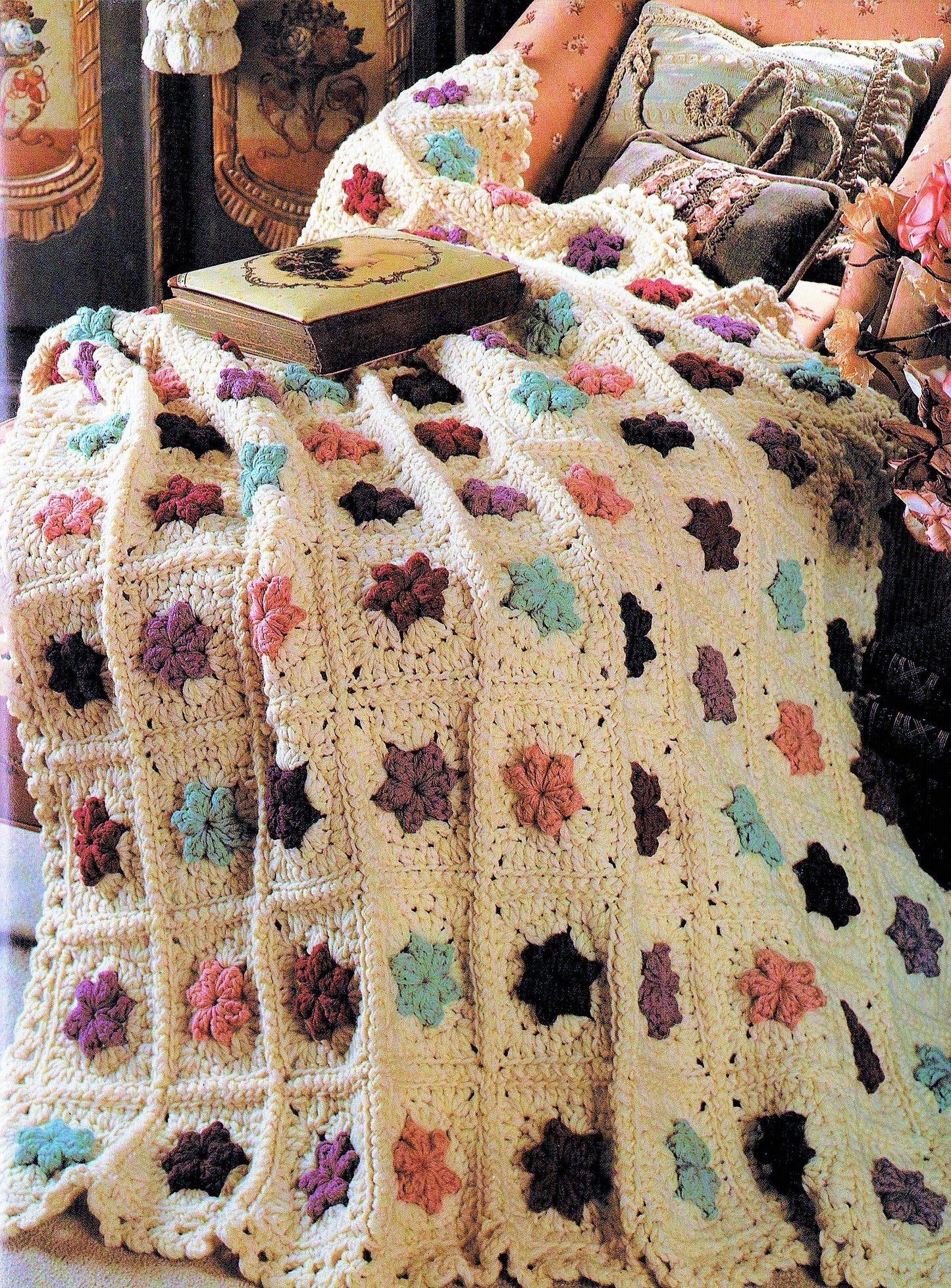 Vintage Crochet Pattern Floral Patchwork Petals Granny Squares Afghan PDF Instant Digital Download Throw Blanket 47x65 10 Ply