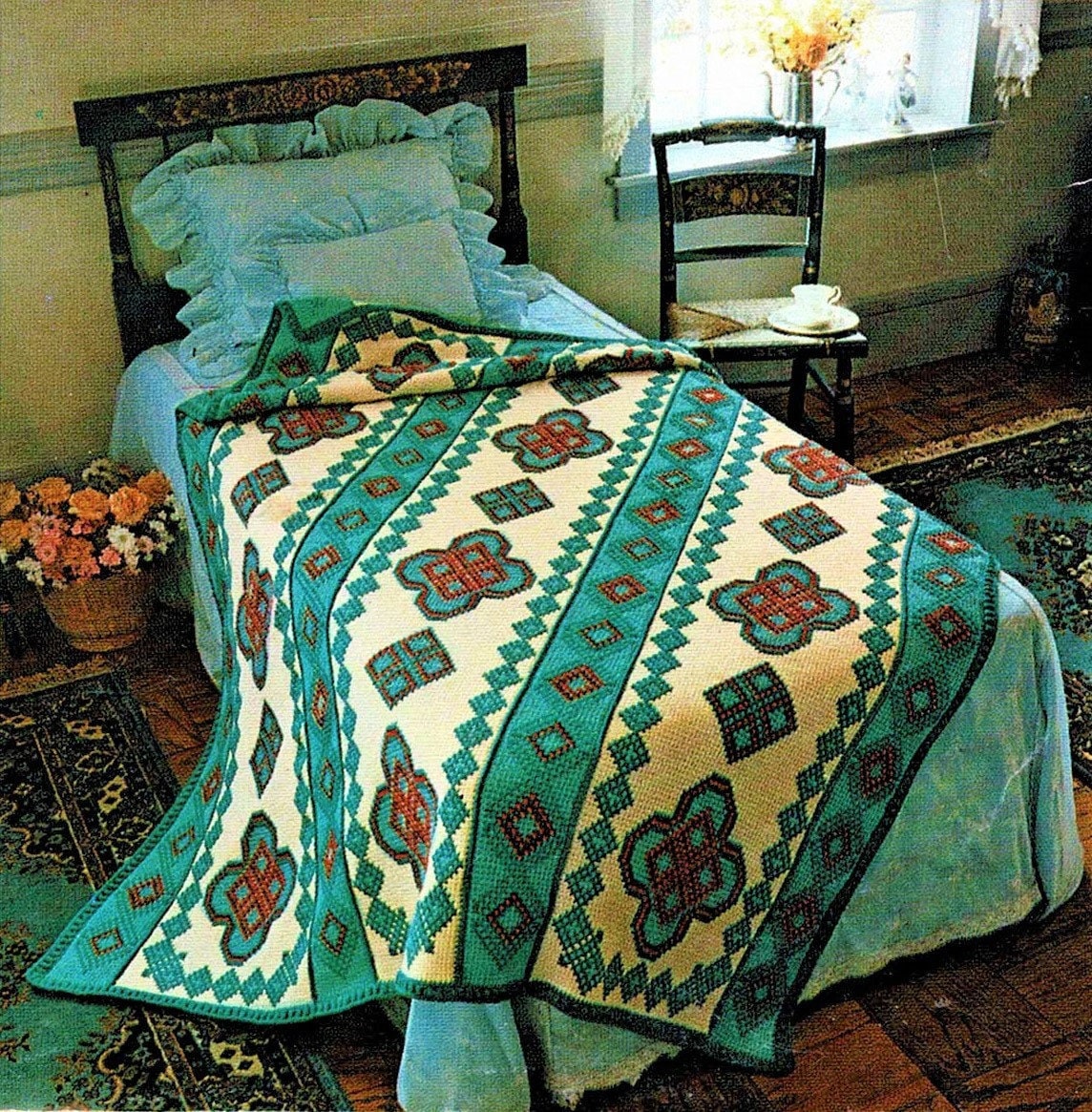 Vintage Crochet Navajo Afghan Pattern PDF Instant Digital Download Embroidered Diamonds Crosses Design Tunisian Stitch 63x78 10 Ply