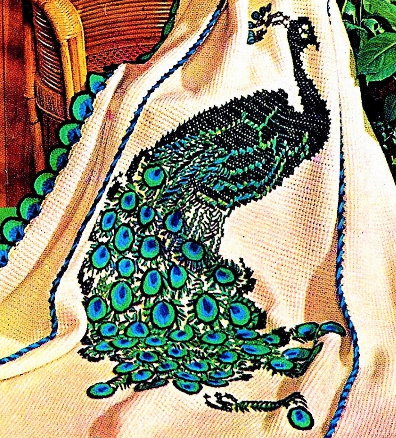 Vintage Crochet Pattern Beautiful Peacock Afghan Blanket PDF Instant Digital Download Embroidered Tunisian Stitch 50x70 4 Ply