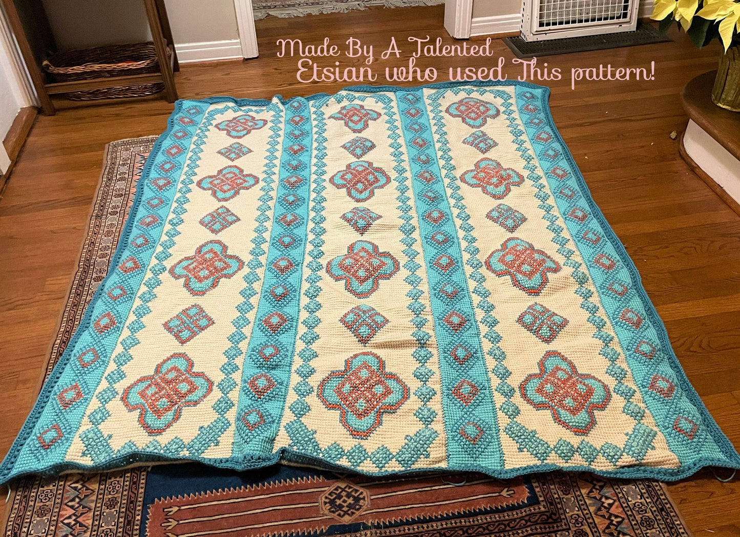 Vintage Crochet Navajo Afghan Pattern PDF Instant Digital Download Embroidered Diamonds Crosses Design Tunisian Stitch 63x78 10 Ply