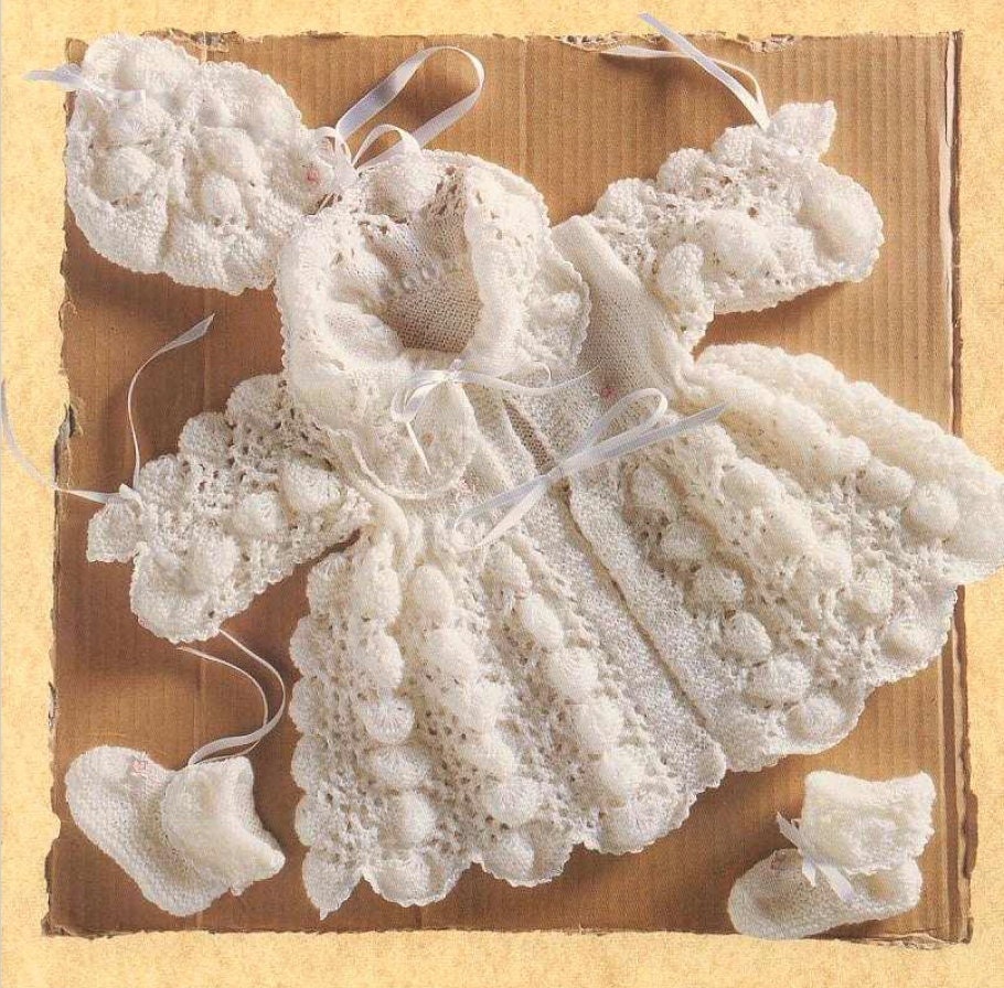 Vintage Knitting Pattern Baby Girl Lace Puff Shell Matinee Coat Bonnet Booties Set PDF Instant Digital Download 0-3 m 2-Ply