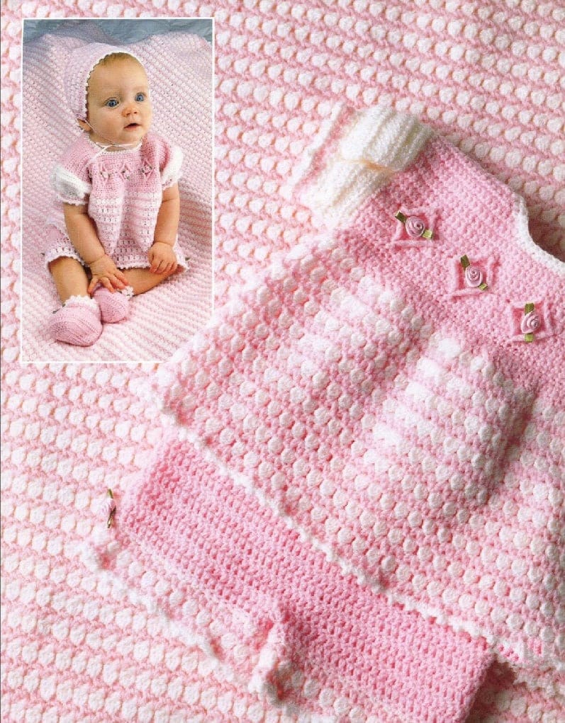 Vintage Crochet Pattern Baby Girl Roses and Dots 5 Piece Layette Set PDF Instant Digital Download Dress Pants Bonnet Booties Afghan 0-12 m