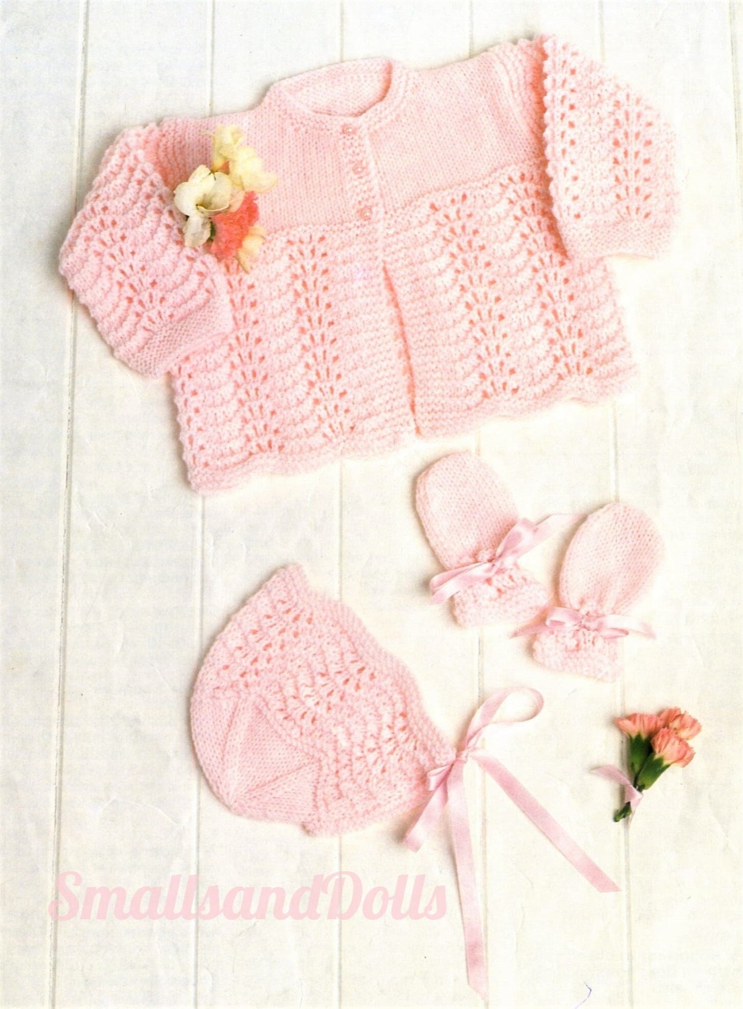 Vintage Knitting Pattern Baby Girl Pretty Matinee Coat Bonnet Mittens Set PDF Instant Digital Download Preemie -18m DK 8 Ply