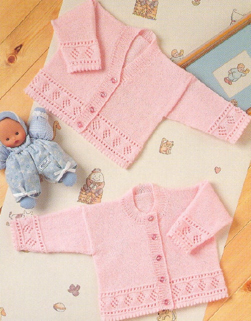 Vintage Knitting Pattern Knit Baby Girl Cardigan Sweaters PDF Instant Digital Download Openwork Diamonds Picot Edge 0-2 yrs 4 Ply