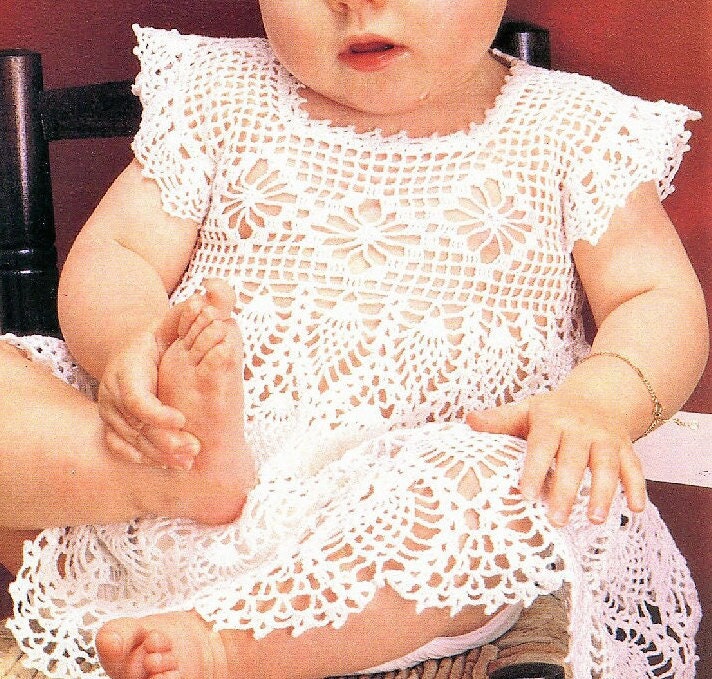 Vintage Thread Crochet Pattern Baby Girl Lace Pineapple Diamonds Filet Dress PDF Instant Digital Download 6 Months
