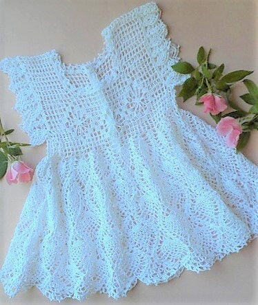 Vintage Thread Crochet Pattern Baby Girl Lace Pineapple Diamonds Filet Dress PDF Instant Digital Download 6 Months
