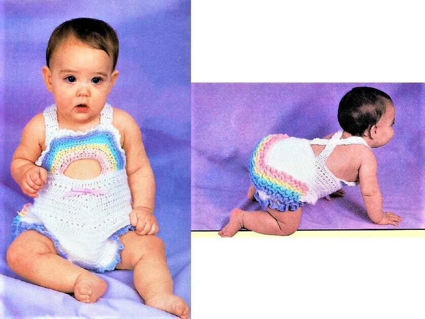 Vintage Crochet Pattern Baby Girl Rainbow Bubble Romper Ruffled Frilly Bottom Summer Playsuit PDF Instant Digital Download 12m-18m 3 Ply