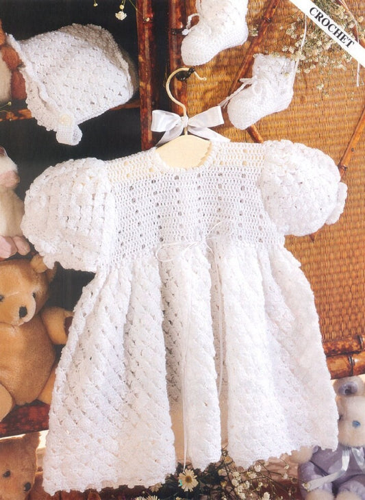 Vintage Crochet Pattern Baby Girl Soft 2 Ply Lace Dress Bonnet and Booties Set PDF Instant Digital Download Cap Sleeves 0-12m Christening
