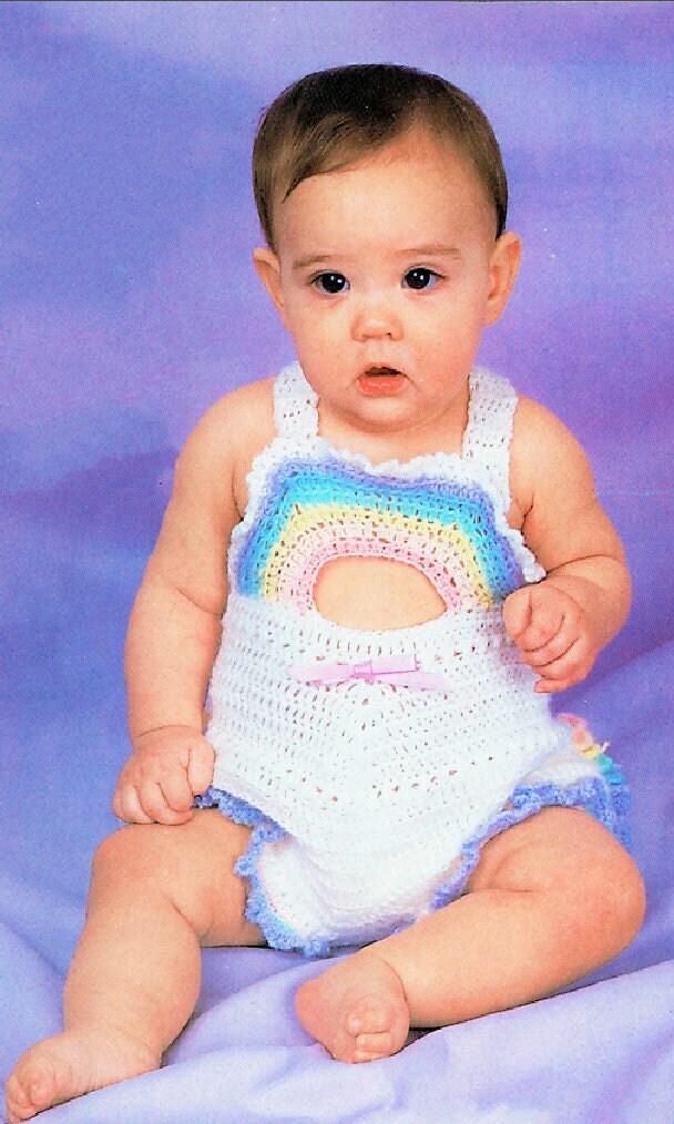 Vintage Crochet Pattern Baby Girl Rainbow Bubble Romper Ruffled Frilly Bottom Summer Playsuit PDF Instant Digital Download 12m-18m 3 Ply