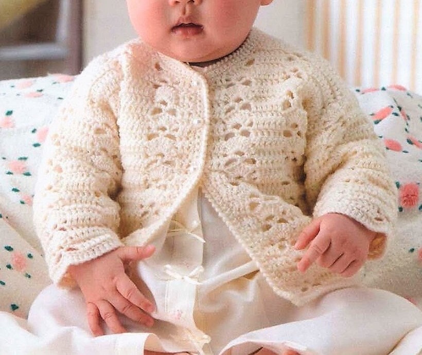 Vintage Crochet Pattern Baby Girl Pretty Eyelet Cardigan Sweater PDF Instant Digital Download Top Buttoned Birth to 12m 4 Ply